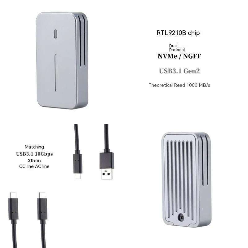 Aluminium alloy 10Gbps SSD enclosure with dual protocol support measuring 52mm x 28mm x 10mm