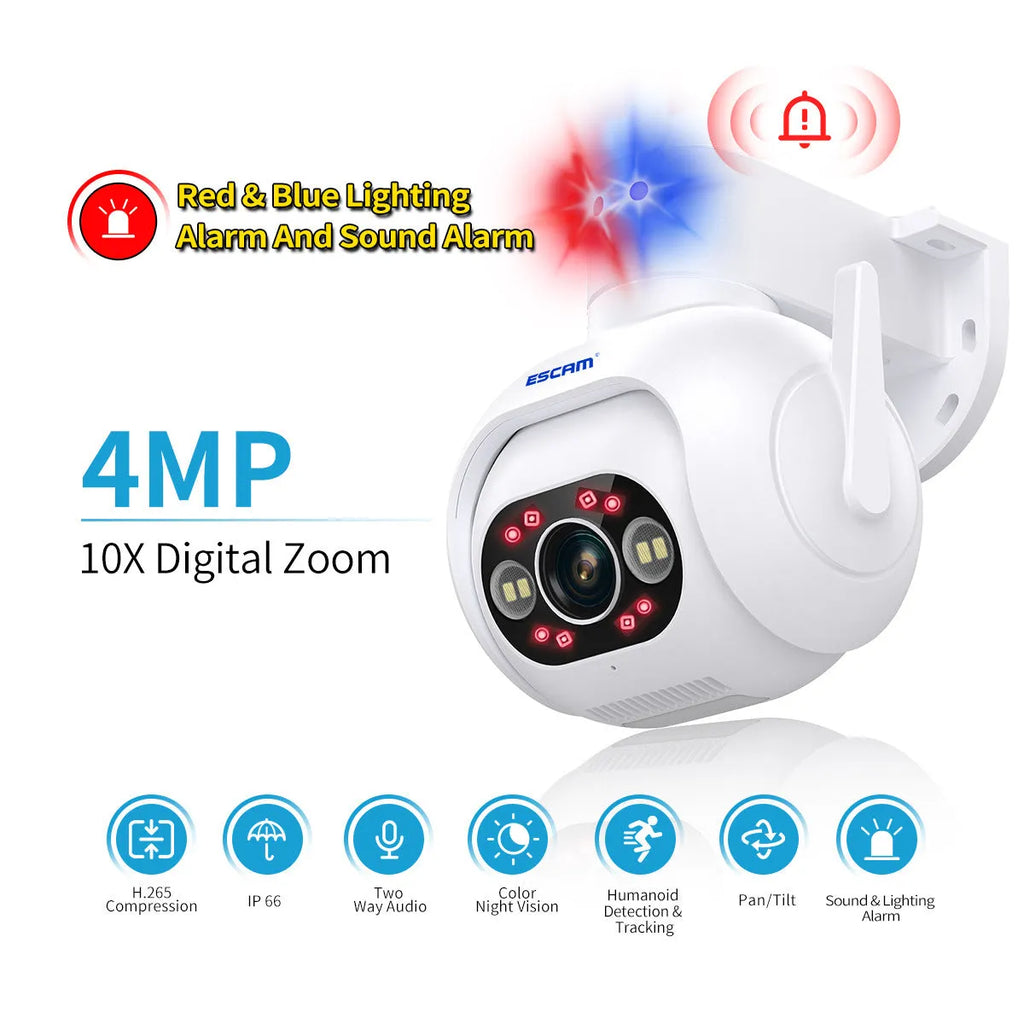 Smart Colour Night Vision H265 4MP IP66 waterproof outdoor security camera on wall mount