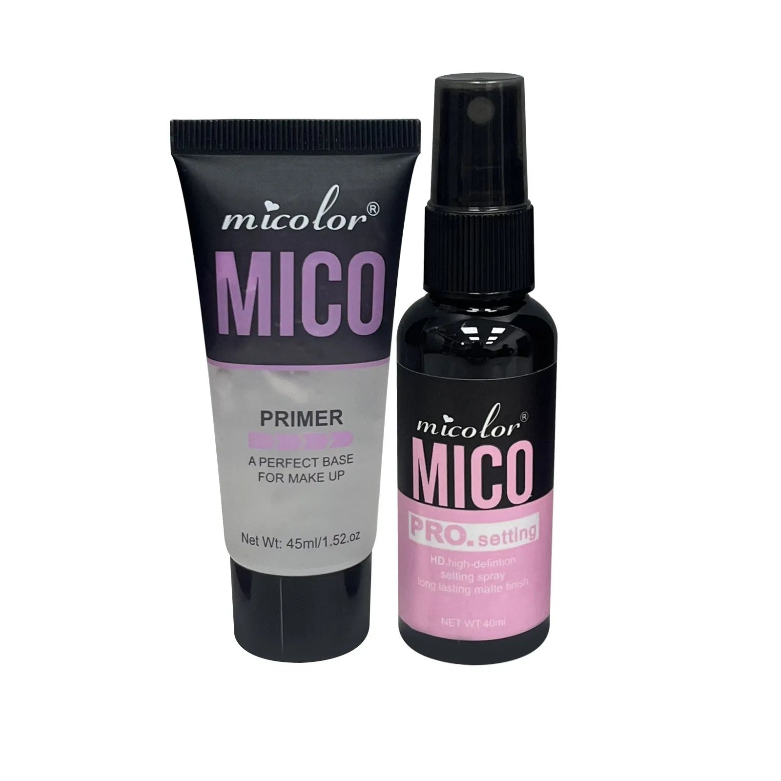 Two-in-one makeup primer and setting spray bottles in monochrome packaging