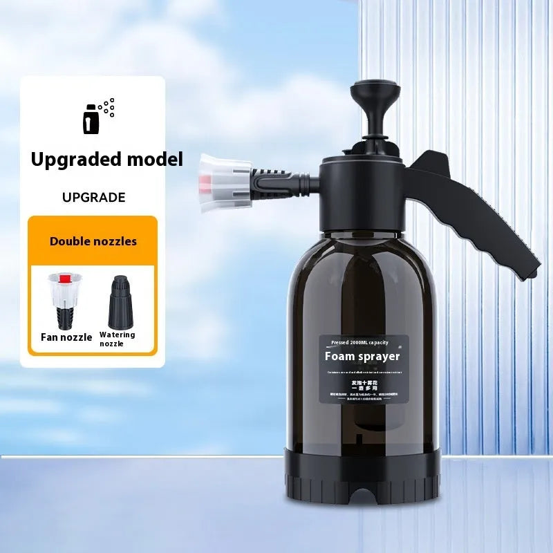 Black 2L hand-held foam spray watering can with two nozzles and a switch lock for car washing and gardening.