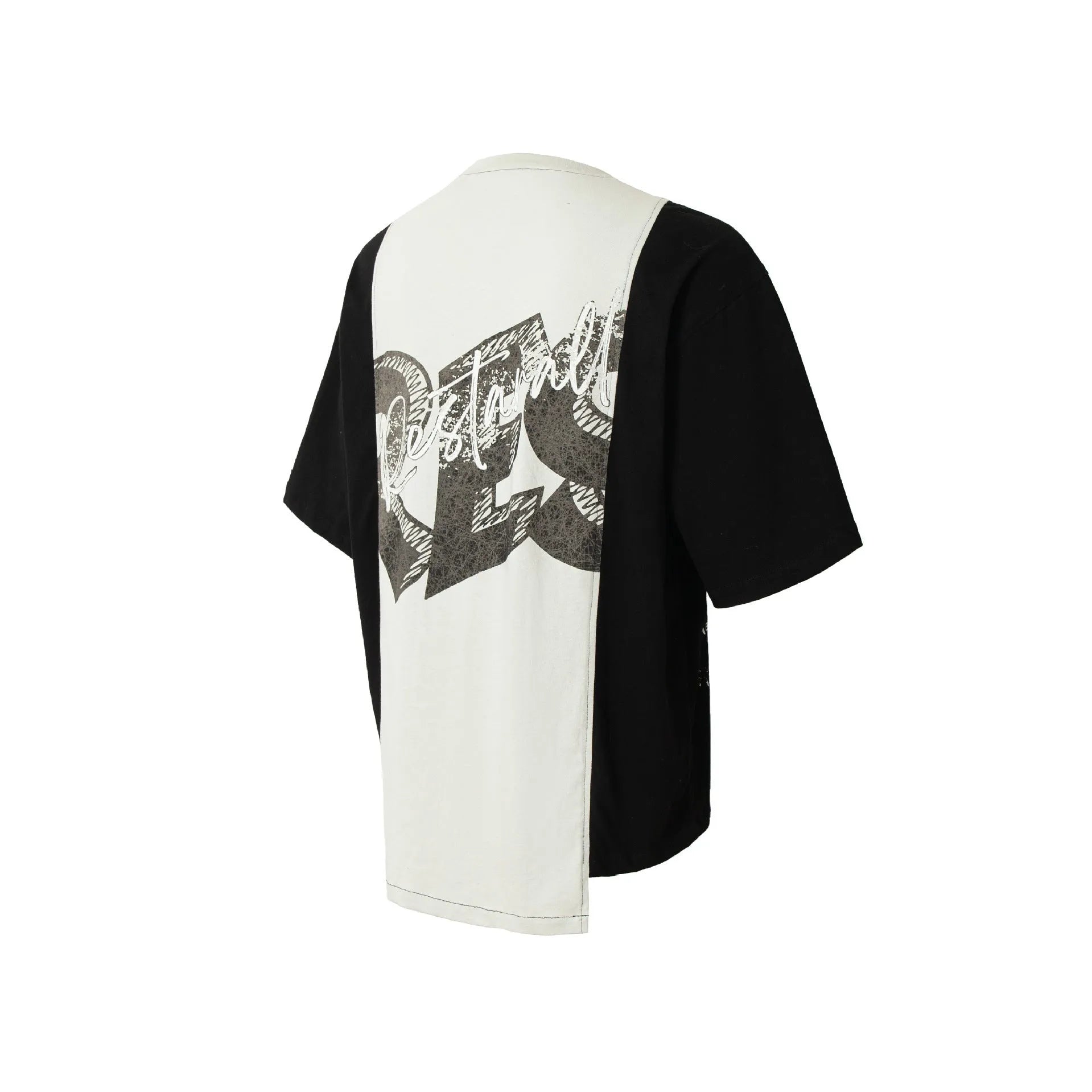 Mens loose black and white deconstruction print cotton t-shirt on a model, showing short sleeves and streetwear style.