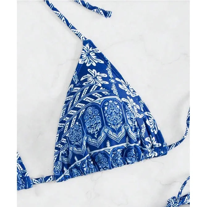 Women's split bikini swimsuit with bandage stitching in polyester fabric, available in multiple colours