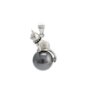 Close-up of a sterling silver cat silhouette pendant on a clavicle-length chain.