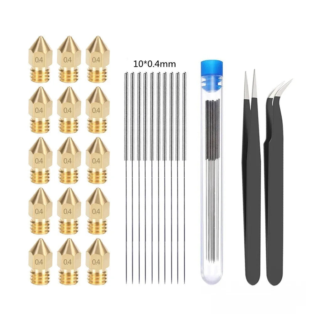 MK8 brass 3D printer nozzle and stainless steel cleaning pin kit for Ender 3 and CR-10