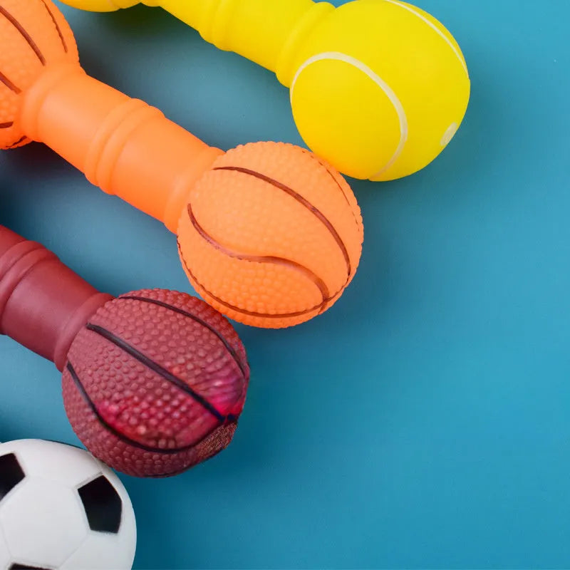 Brown PVC football dumbbell shaped dog toy with squeaker for chewing play