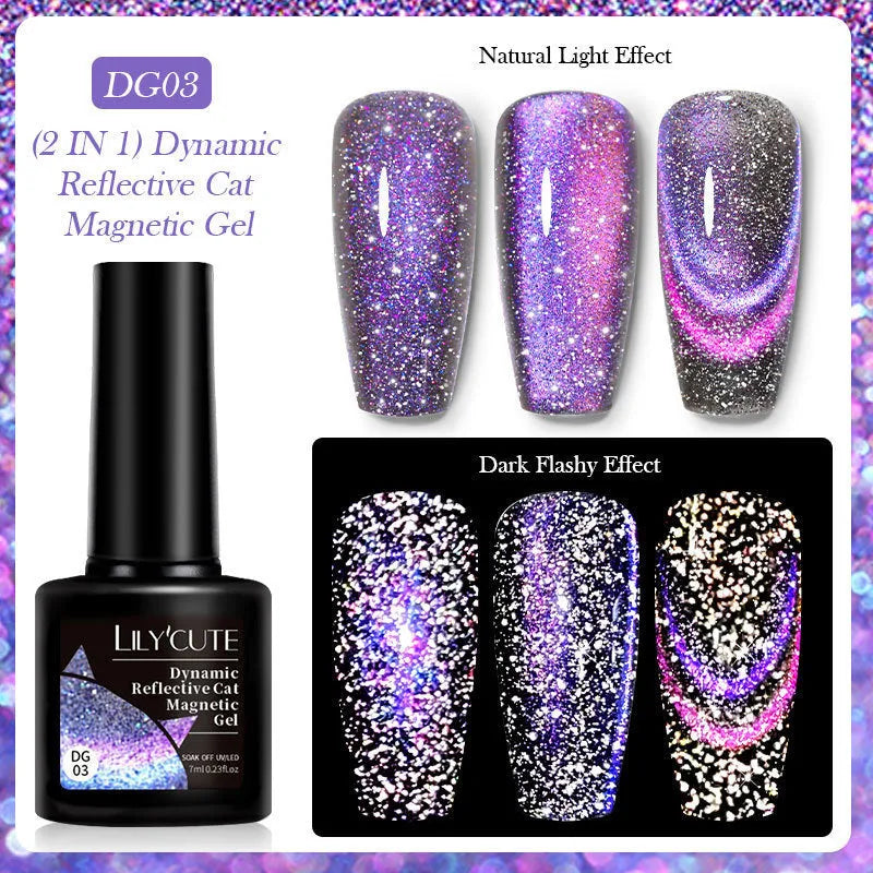 Cat eye series nail polish gel bottles showing diamond glitter and fragment designs in six colour options
