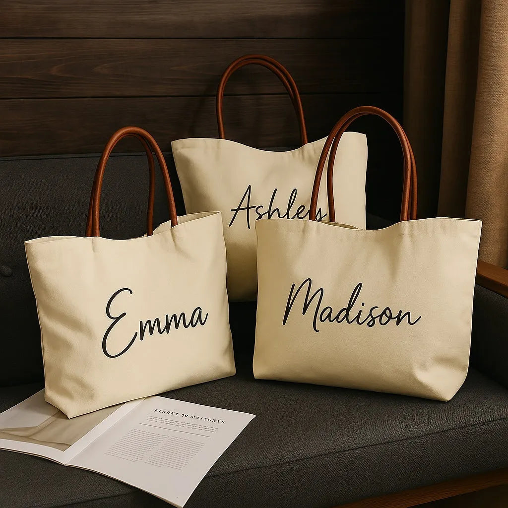 Canvas tote bag in cotton fabric with reinforced stitching, shown in beige white and white colour options
