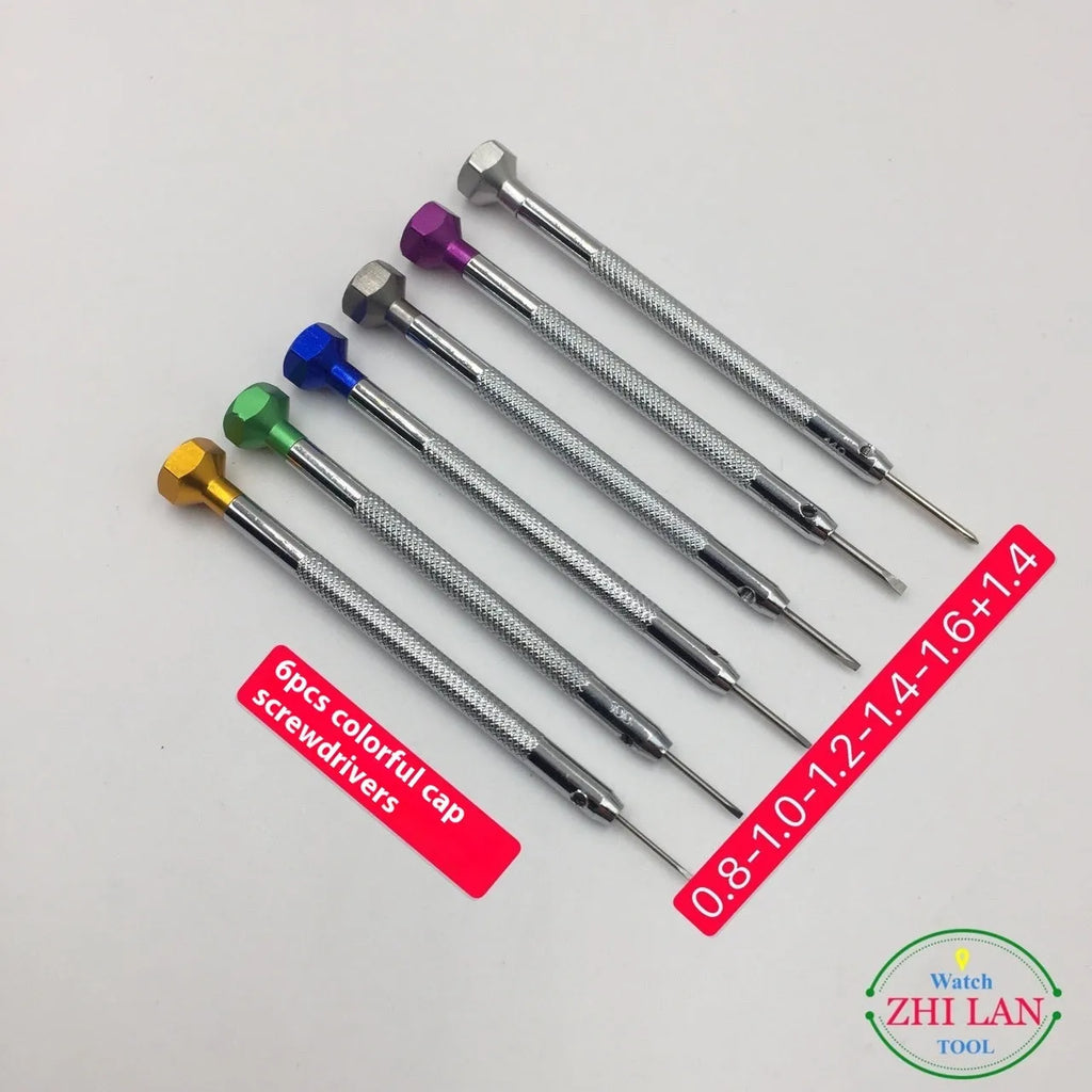 6-piece colour-coded watch repair screwdriver set with aluminium handles for meter and children's watch maintenance.