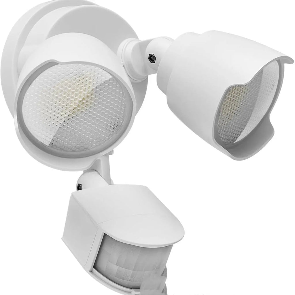 White outdoor LED security flood light with motion sensor showing dimensions 200x195x168mm