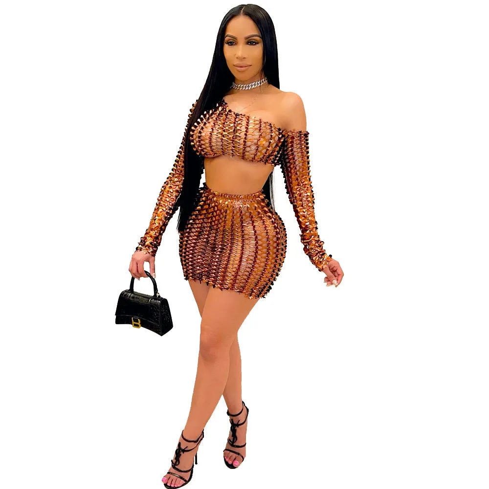 Women's hollow-out two-piece dress set with net hole detail on sleeveless top and short skirt