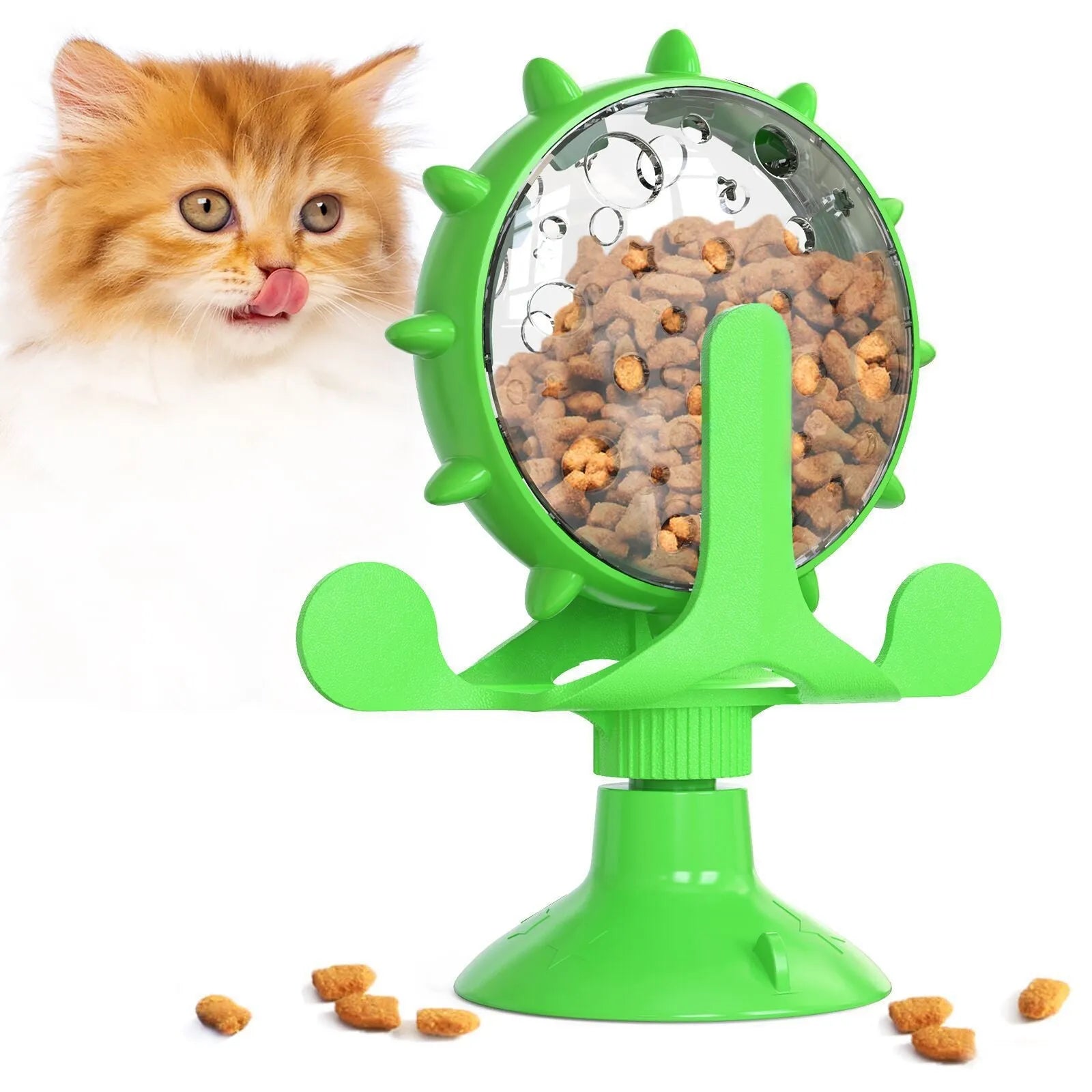 Interactive pet puzzle slow feeder toy with suction cup base in blue, green, red, or yellow colour.