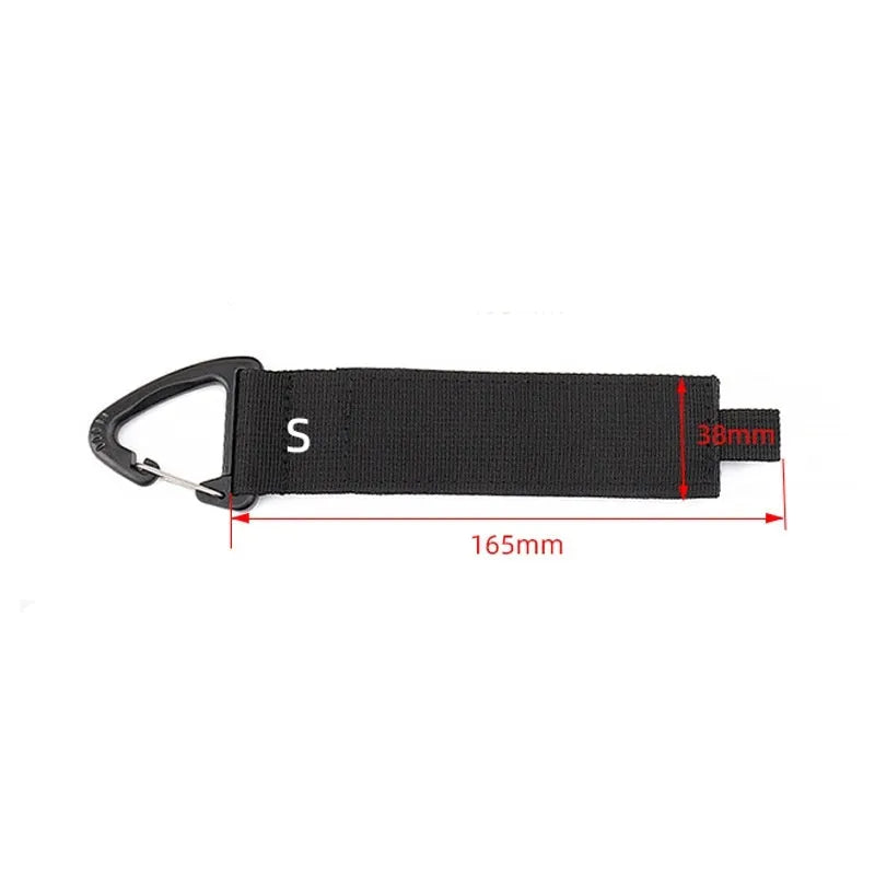 Black heavy-duty adjustable storage strap with metal carabiner clip for garage workshop organisation.