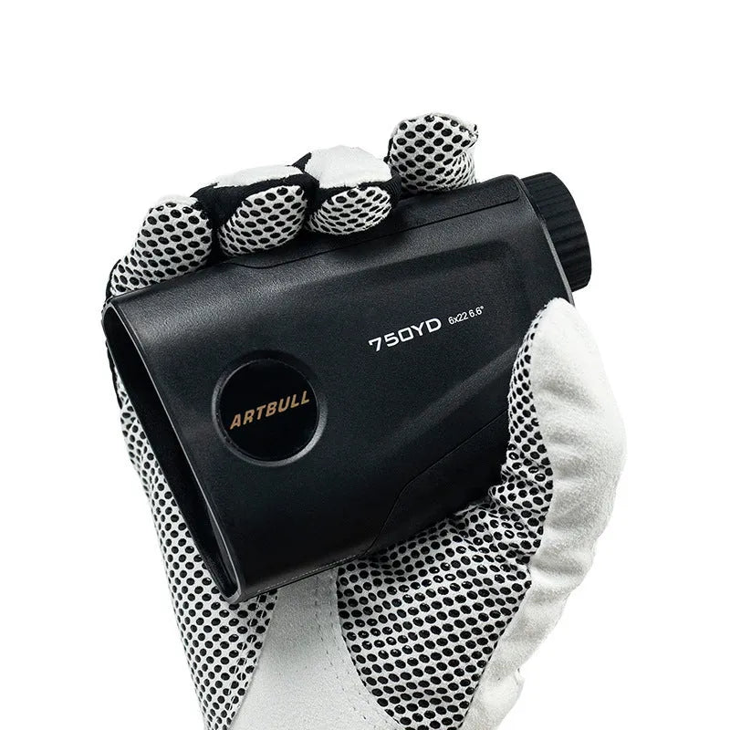 Golf laser rangefinder with LCD display showing distance measurement and flag lock indicator