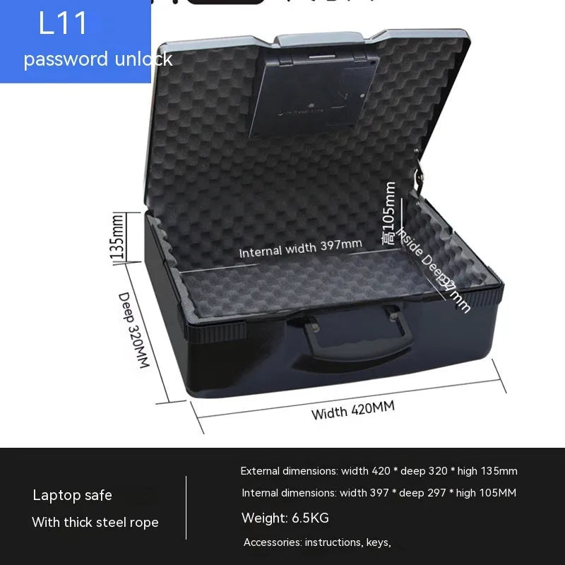 Portable small steel safe box with a mechanical combination lock on the front.