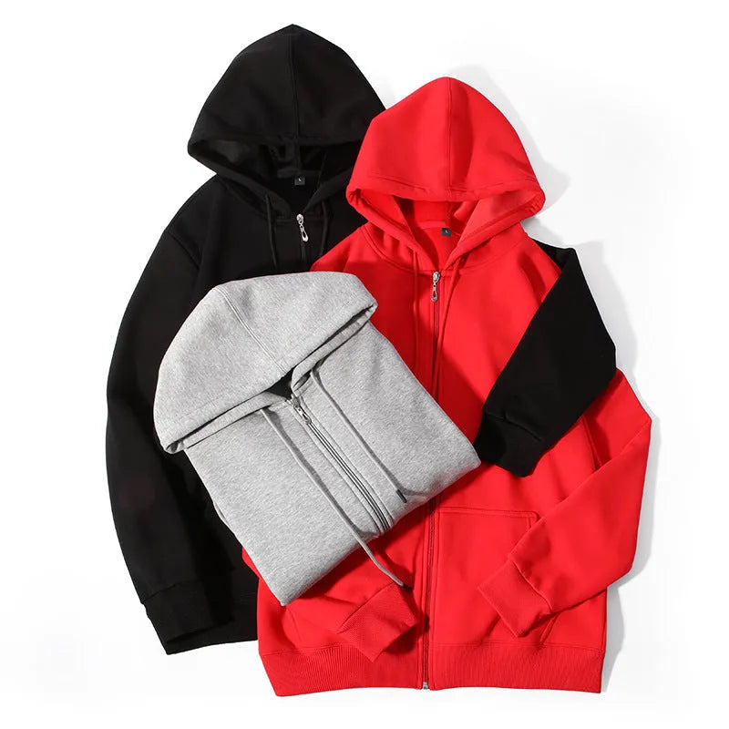 Men's plus size 420g hooded zip-up sweater in loose cardigan style with top-stitched pockets