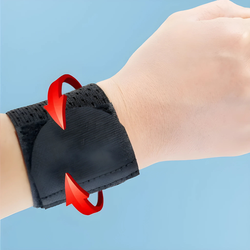 Athletic wristguard in pink black or gray showing high elastic breathable fabric for wrist support