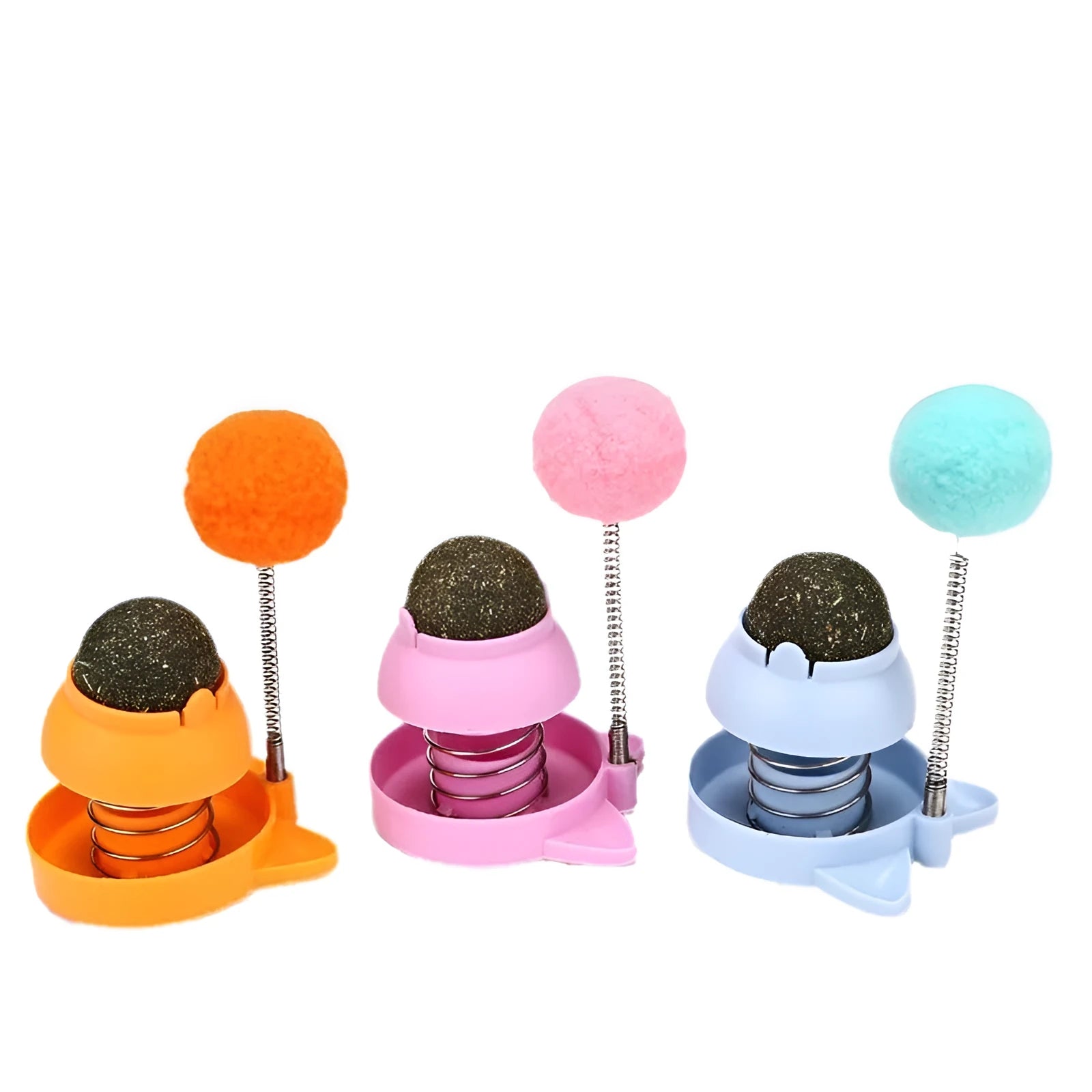 Lucky cat licking mint ball cat toy in blue, orange, and pink colours measuring 55mm diameter