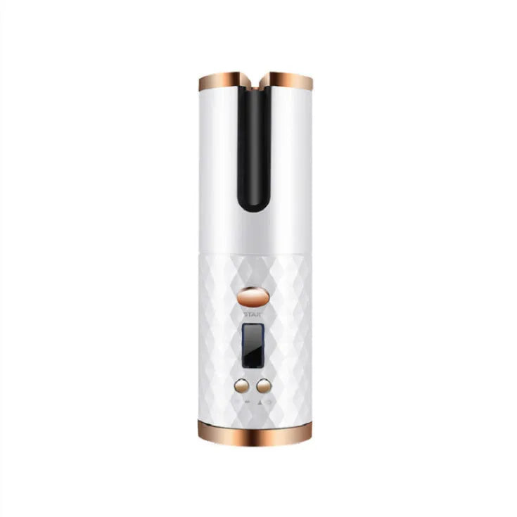 White USB curling iron with gold ceramic barrel and temperature control display