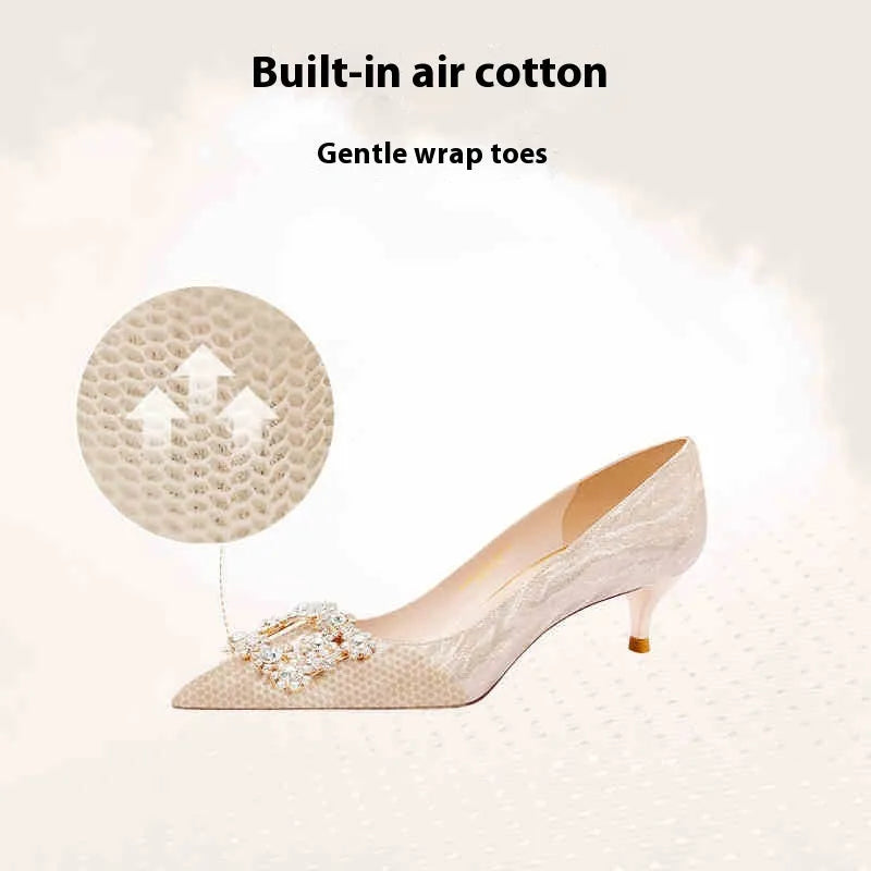 Champagne gold pointed toe stiletto high heels with rhinestone decoration