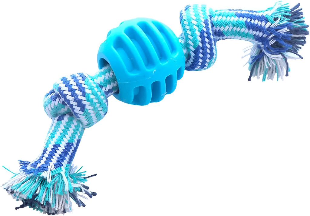 Blue dog dental chew toy with rope sections and molar-cleaning ridges for oral health