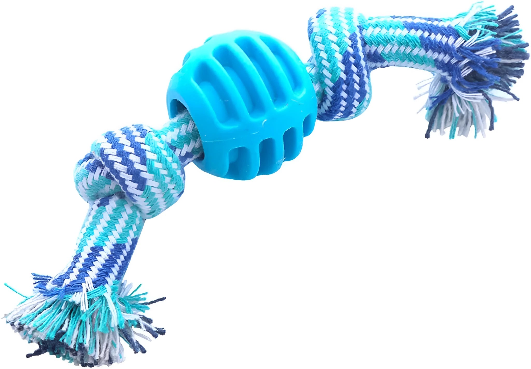 Blue dog dental chew toy with rope sections and molar-cleaning ridges for oral health