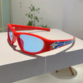Sports sunglasses with PC frame and lenses in black and blue colour combination showing special-shaped mirror design