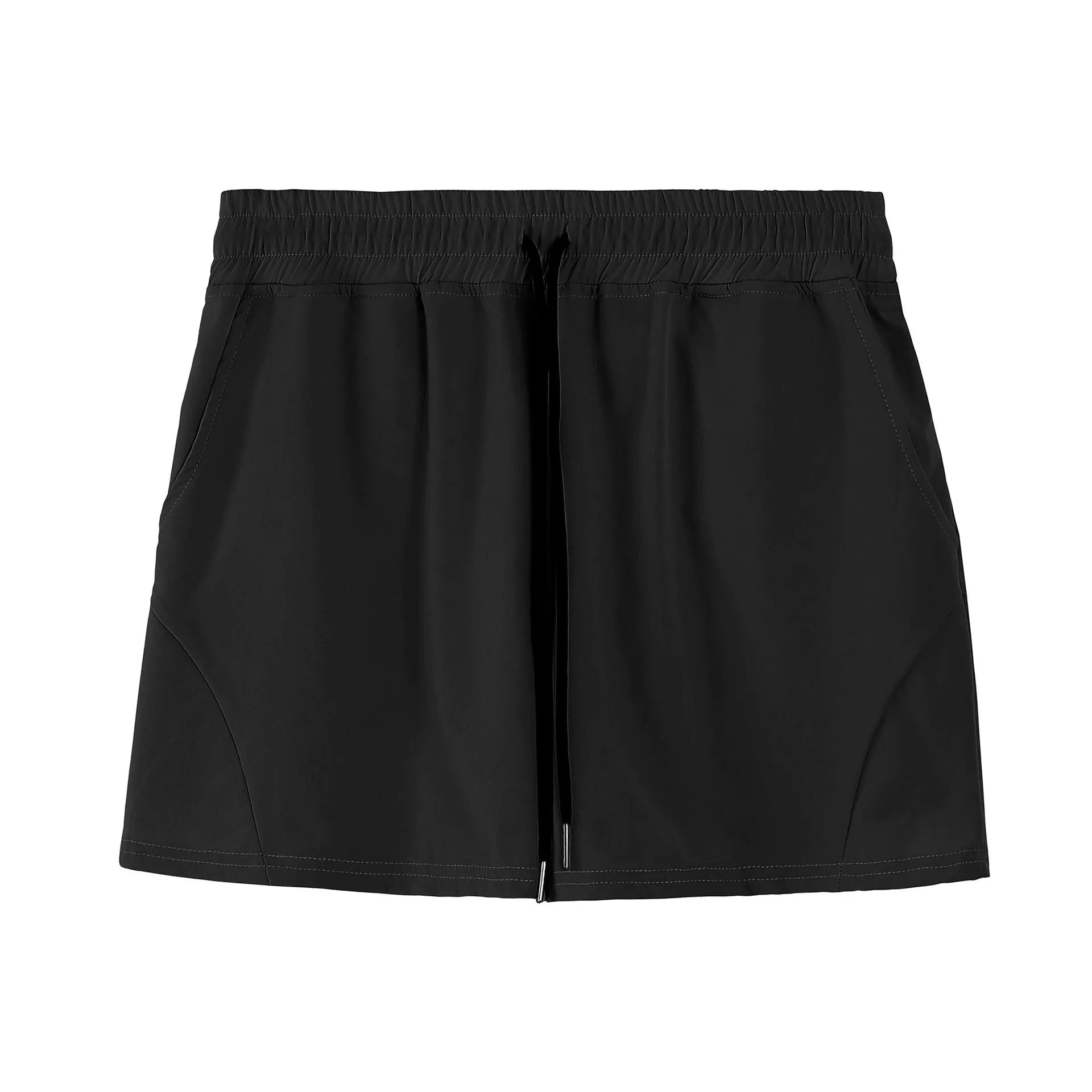 Men's thin grey polyester basketball shorts with elastic waistband on a plain background.