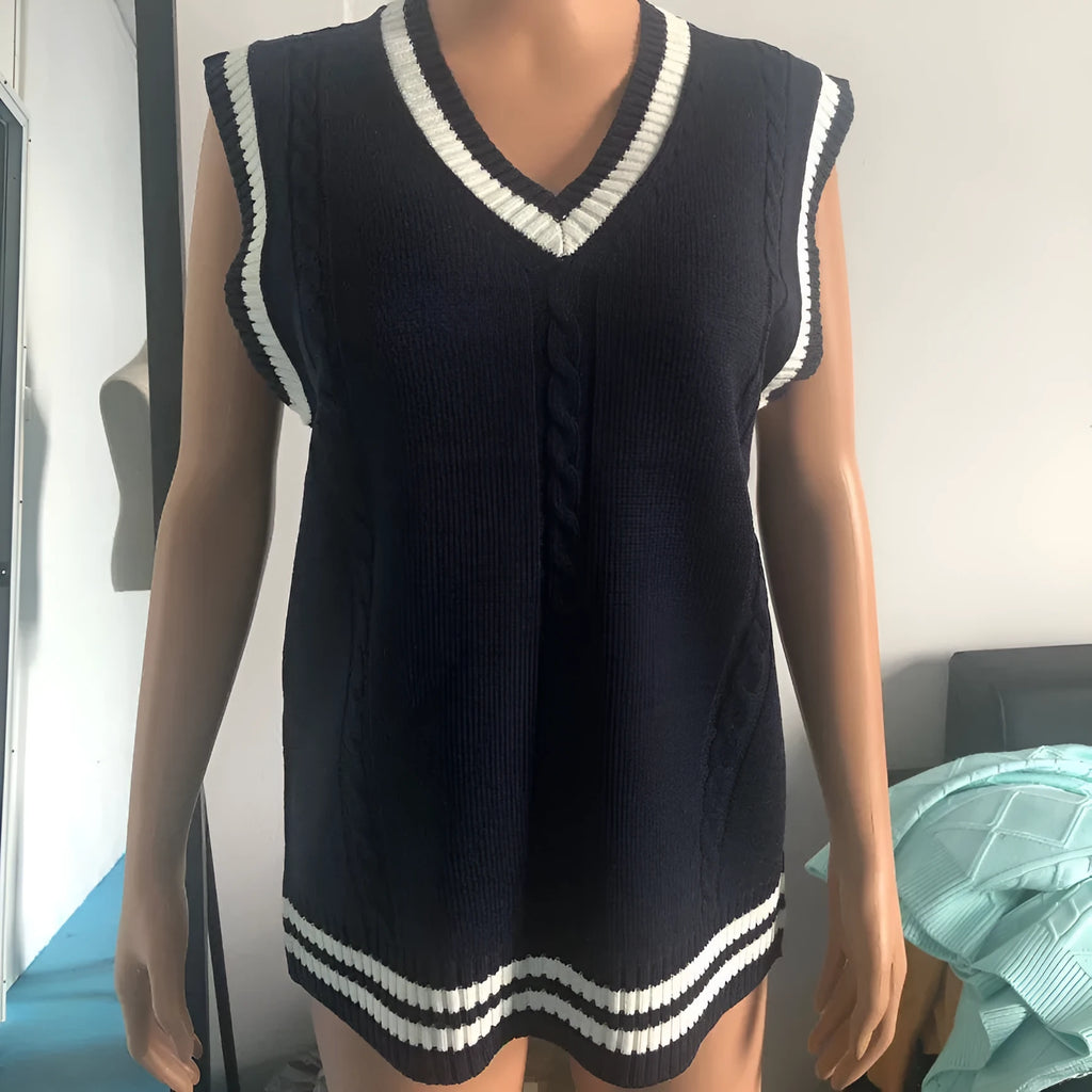 Women's slim fit V-neck waistcoat knitted sweater with striped stitching in acrylic fabric