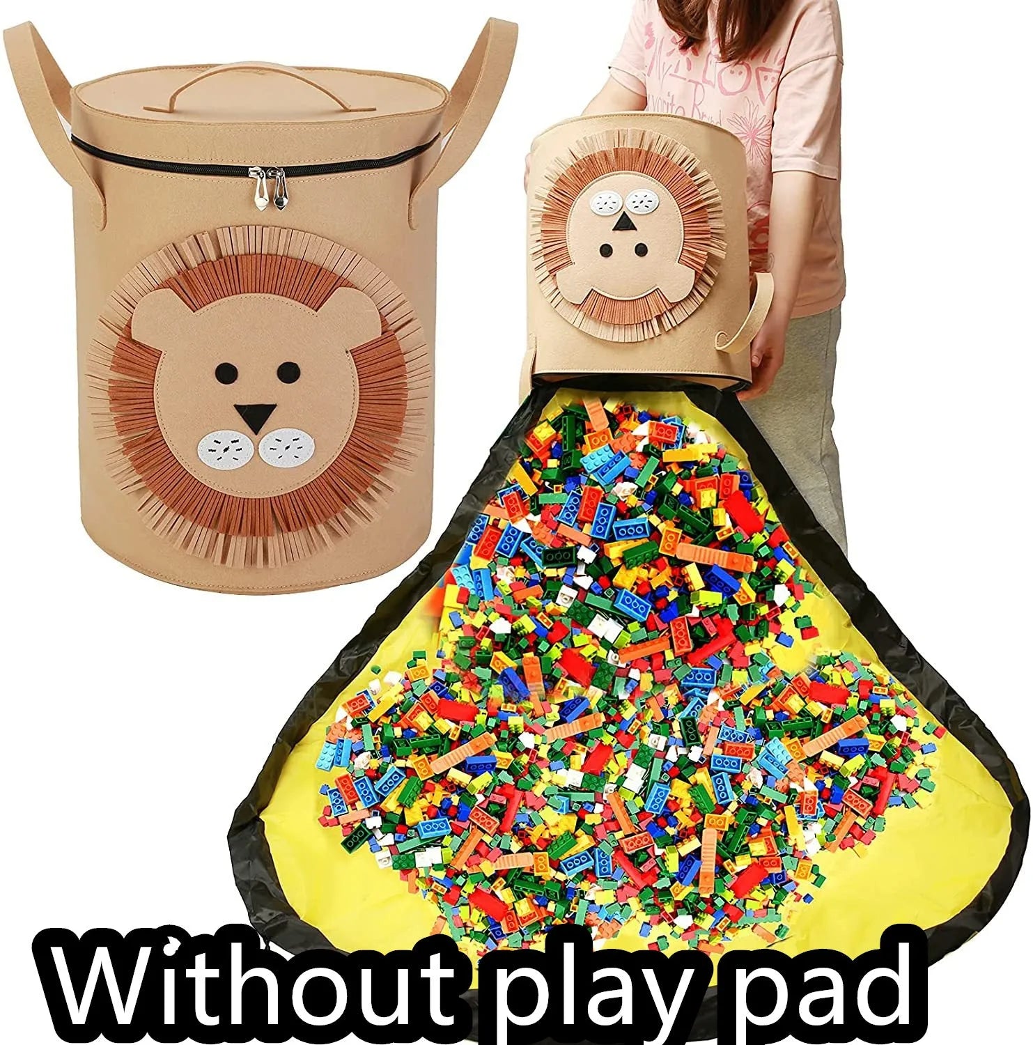 Green felt cube storage bag with pull rope serving as toy organiser and play mat