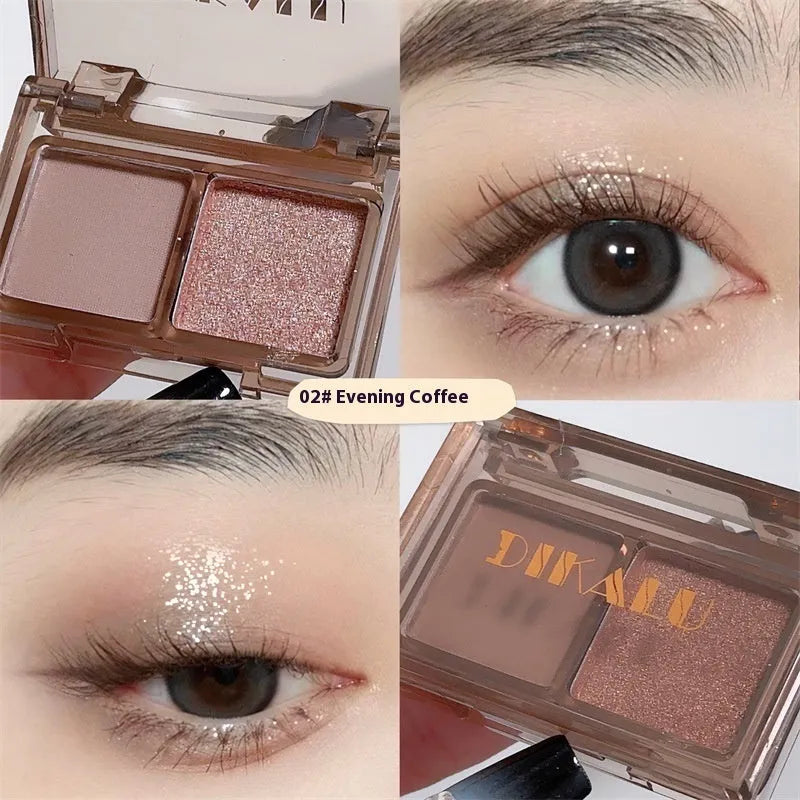 Cool two-tone eyeshadow palette open showing pink and black matte and shimmer shades for punk makeup.