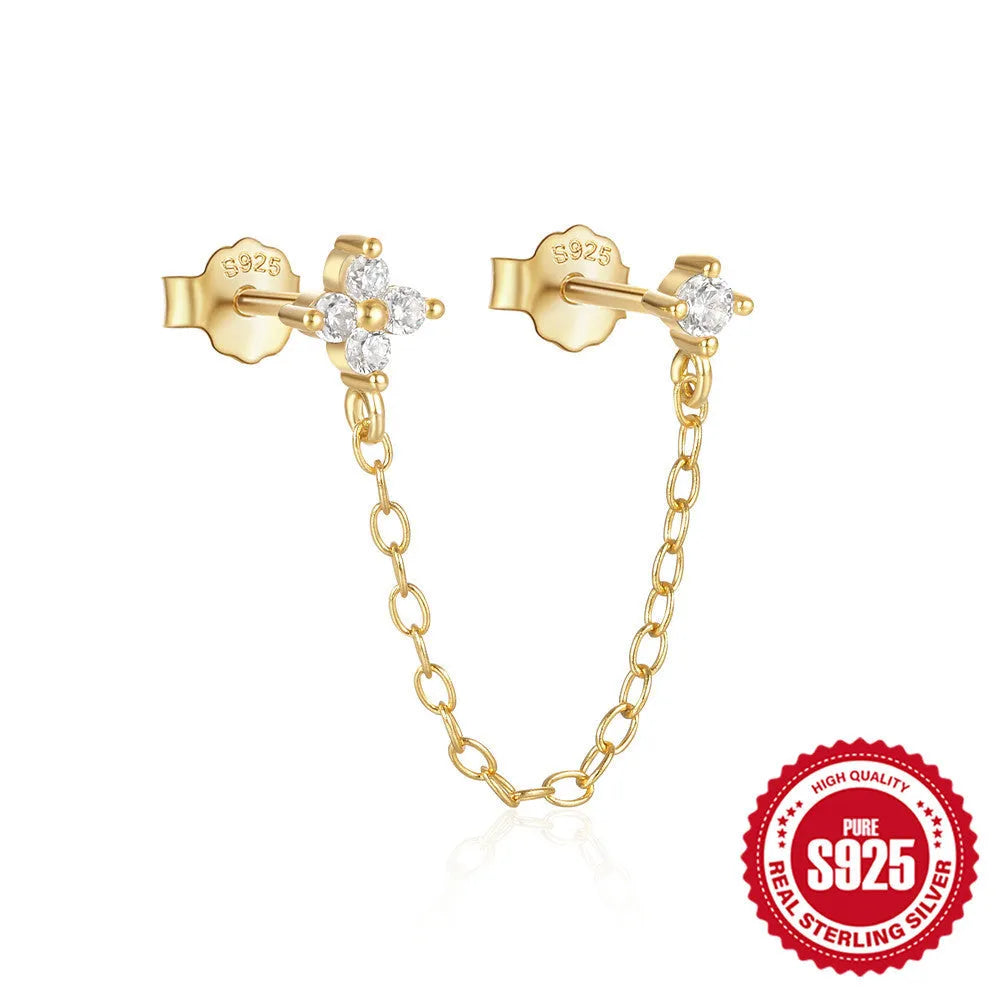 S925 sterling silver earrings with diamond flower tassel chain design and golden electroplated finish