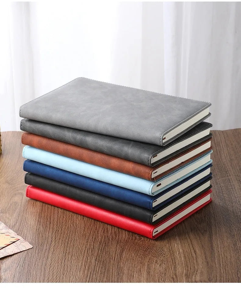 A5 PU leather notebook with wood-free paper in multiple colour options including black, red, green, blue and orange