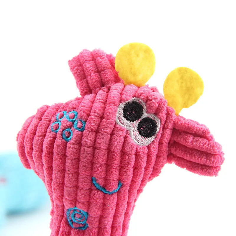 Deer shaped blue plush dog toy with corn grain texture and squeaker sound