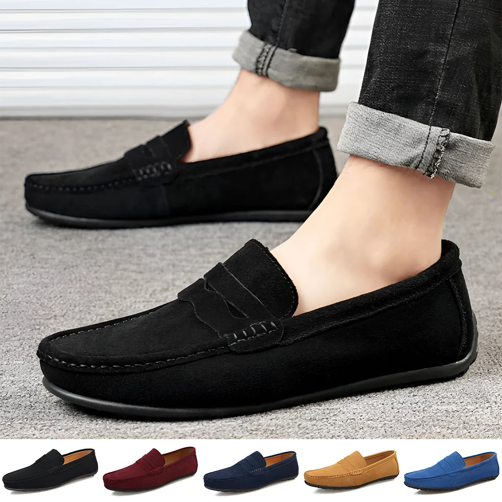 Men's solid colour suede loafers slip-on casual shoes with round toe and flat heel