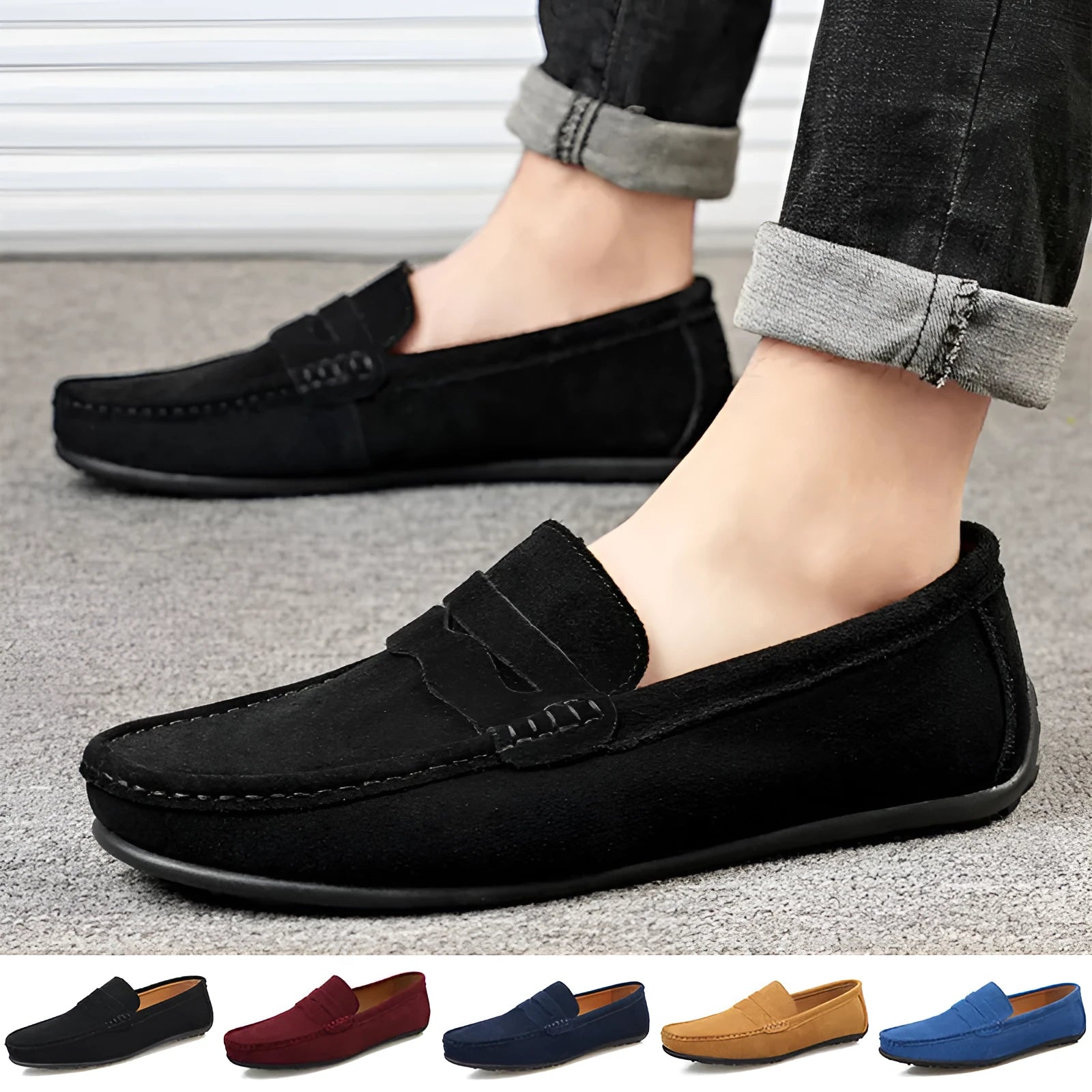 Men's solid colour suede loafers slip-on casual shoes with round toe and flat heel