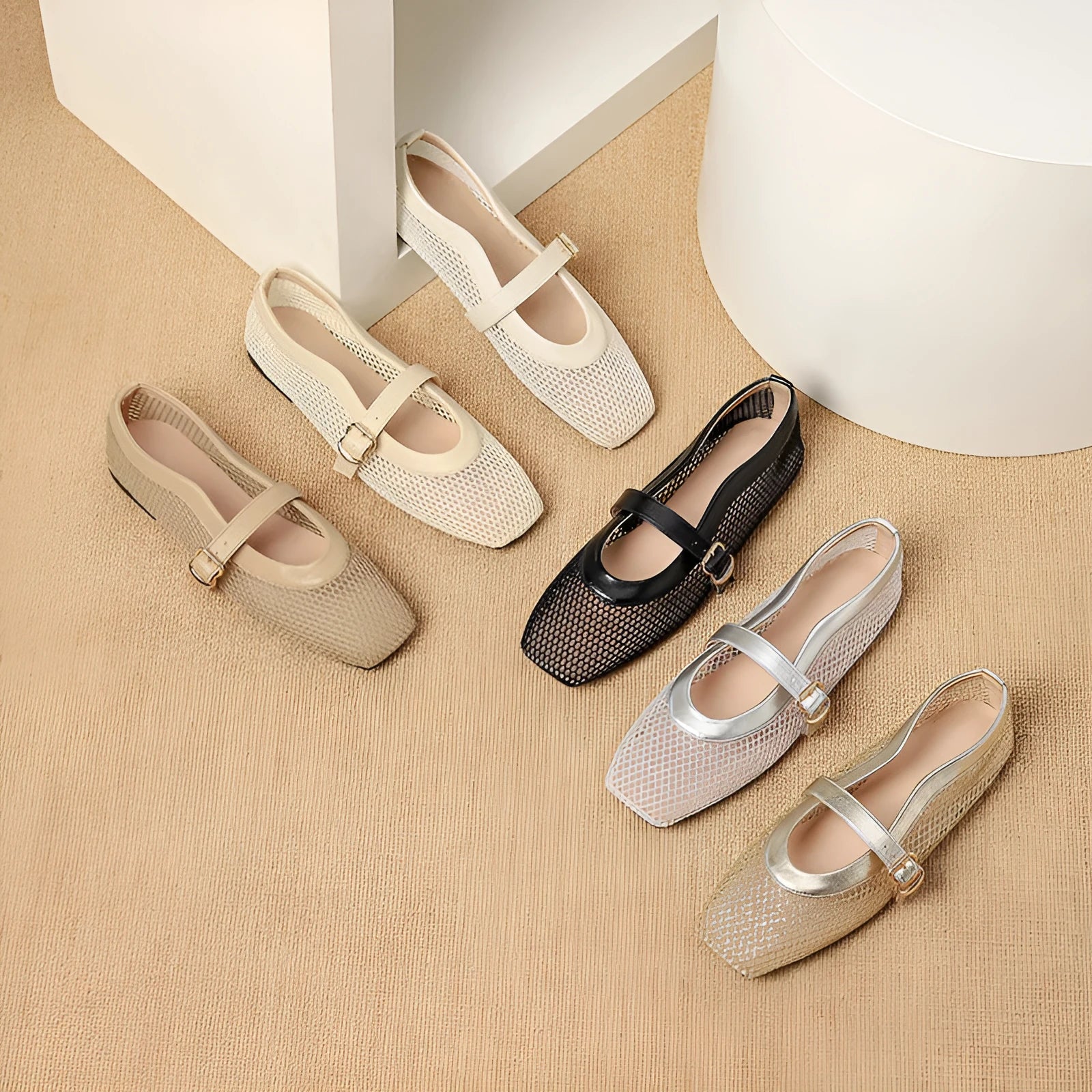 Women's beige mesh hollow out pumps with a square toe and buckle fastening on a flat beef tendon sole.