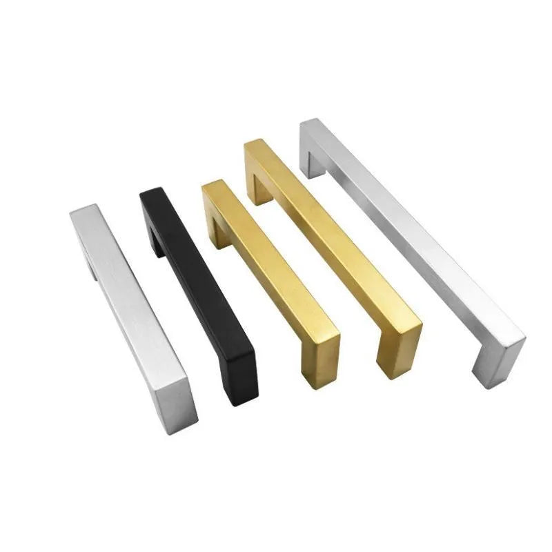 Stainless steel square pipe cabinet door handle in a brushed finish.