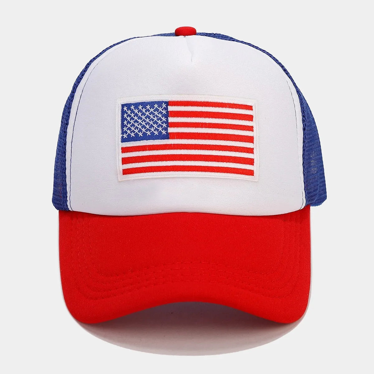 Red and blue contrast mesh baseball cap with an adjustable strap and dome crown.