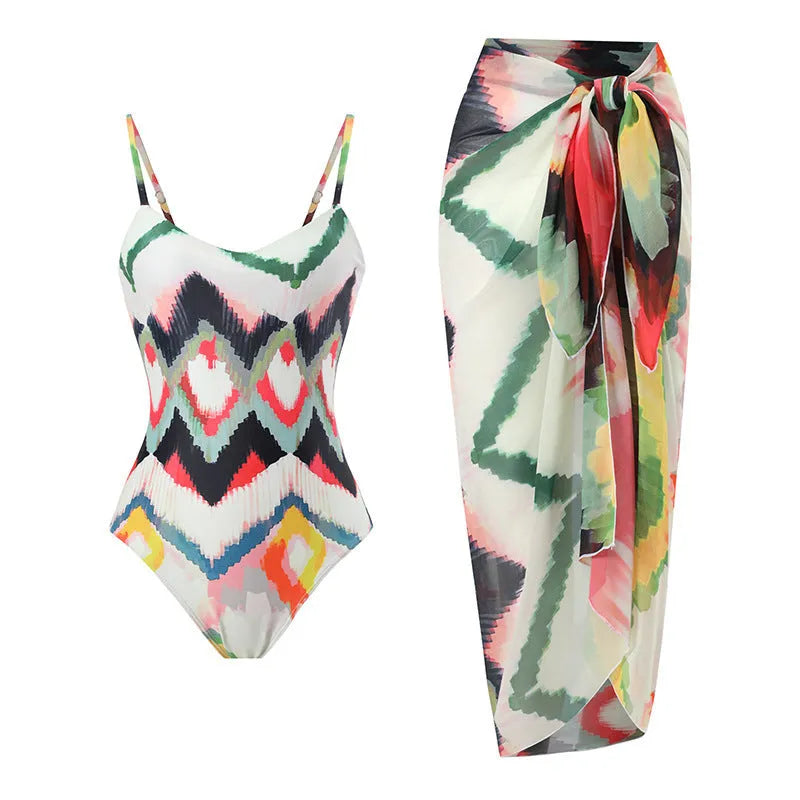 Female two-piece swimsuit with hip skirt in striped pattern, quick-dry polyester fabric