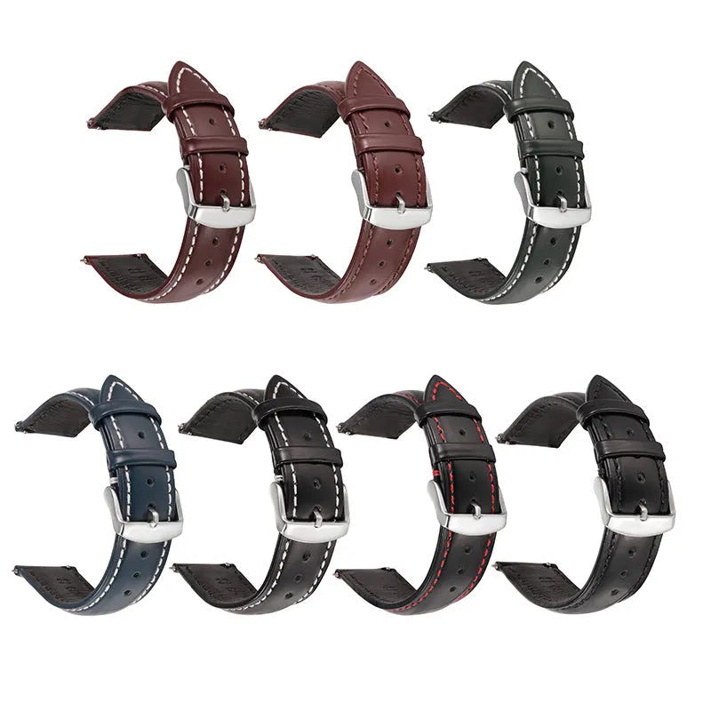 Quick release leather watch strap in bright cowhide showing colour options and width measurements