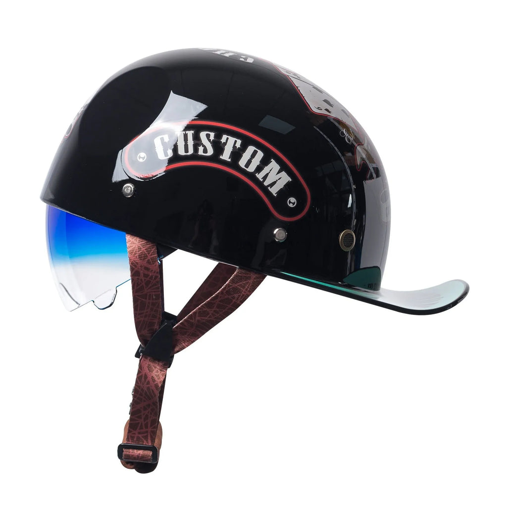 Retro-style half helmet for electric bicycles in bright black with a gradient blue tinted lens.