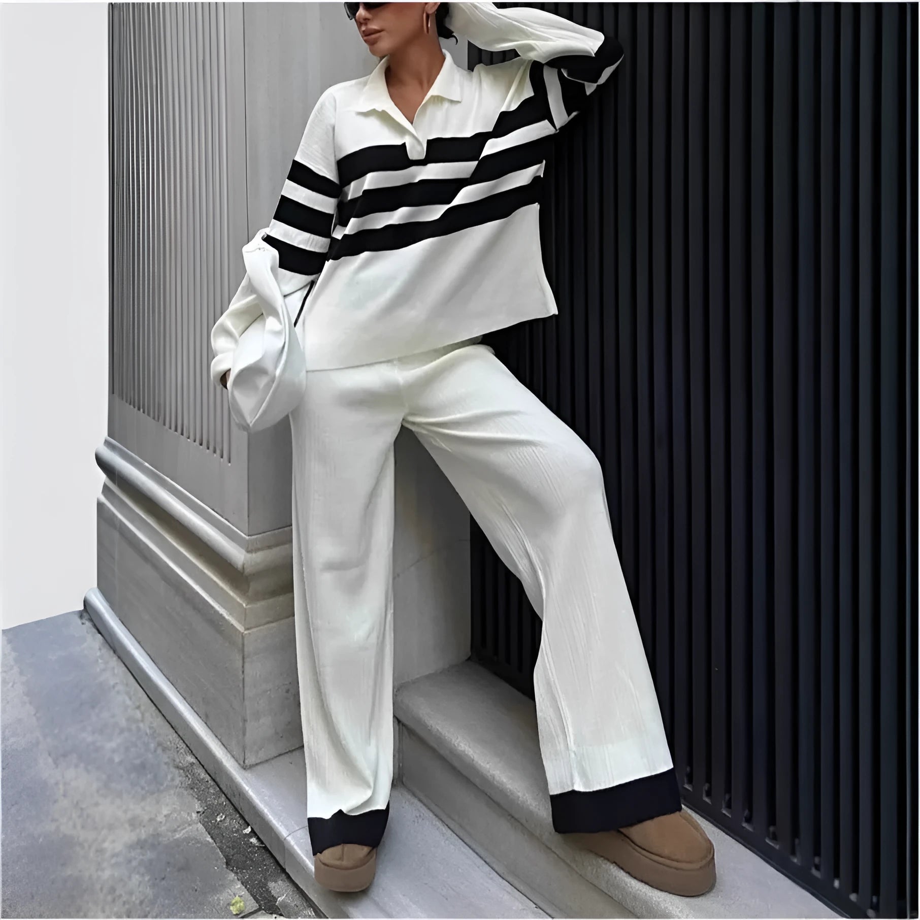 Women's black and white striped polo collar knitted top with matching trousers casual two-piece set