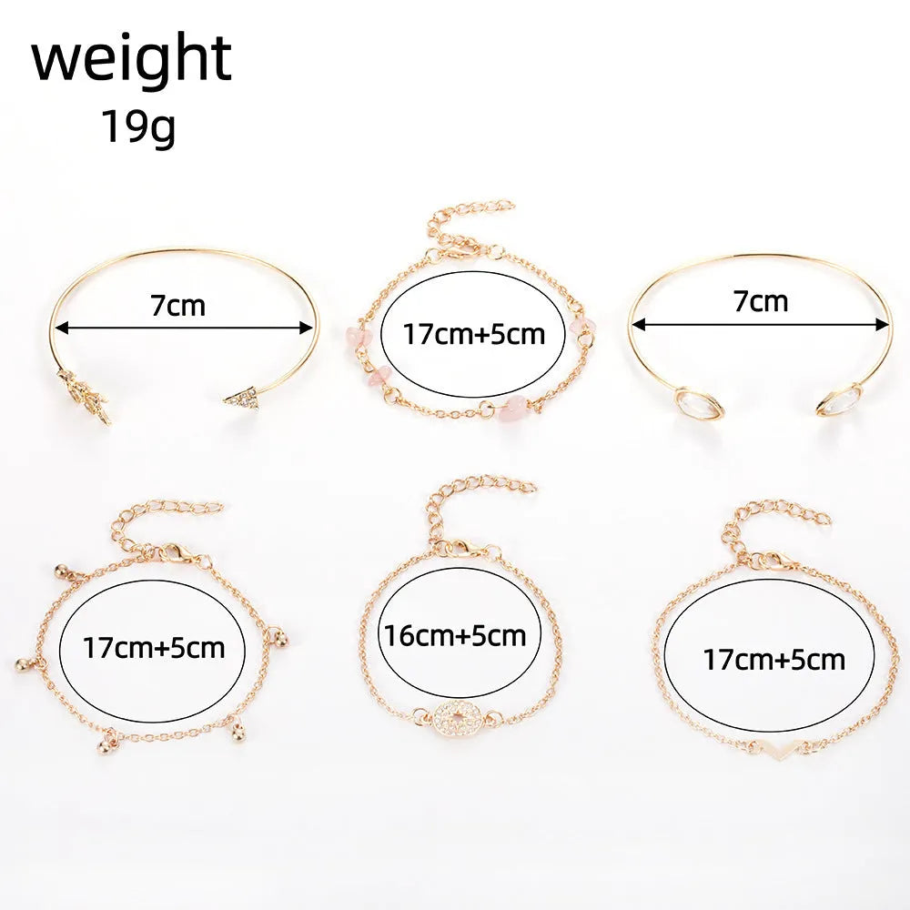 Six golden bracelets with spot drill, arrow, water drop and V-shaped pendants on zinc alloy chains