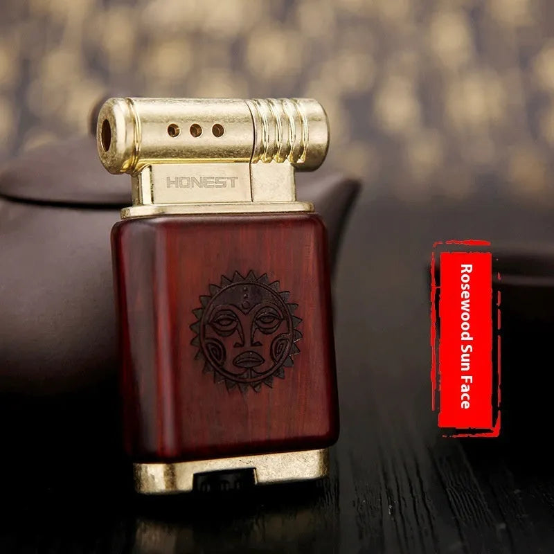 Ebony gas lighter with decorative wood finish in metal construction