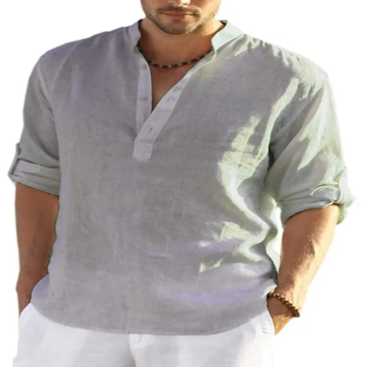 Men's solid colour long sleeve shirt with a stand collar, shown in a light blue shade