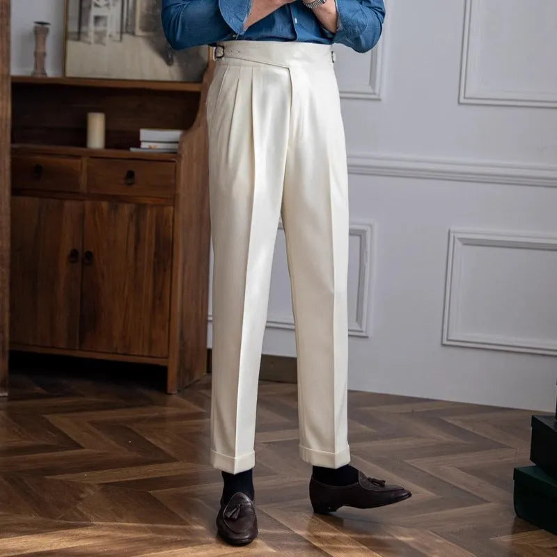 Men's high waist straight leg casual trousers in polyester fabric available in four colours
