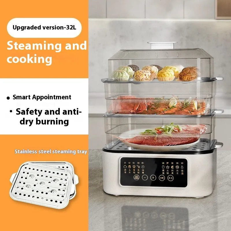 Electric steamer appliance with stainless steel finish and steaming rack
