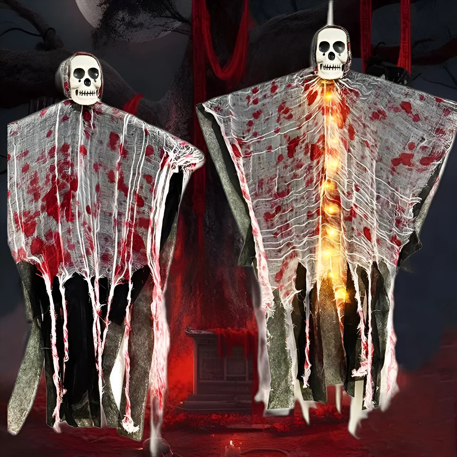 Plastic luminous blood-dyed skull hanging ghost Halloween decoration for outdoor use.
