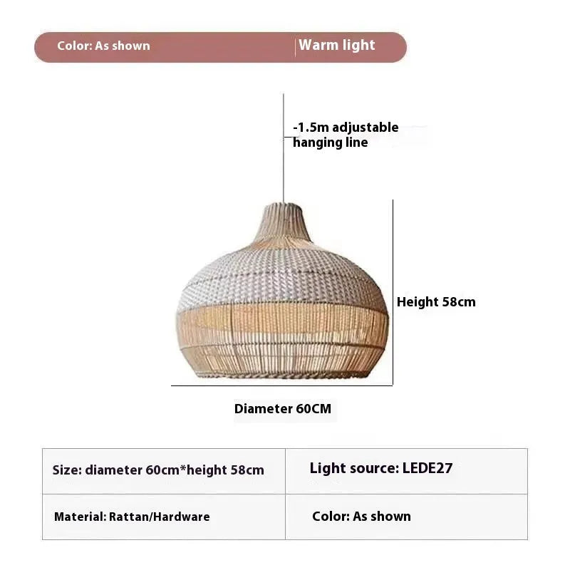 60cm diameter woven rattan chandelier in Silent Wind style for living room or lounge.