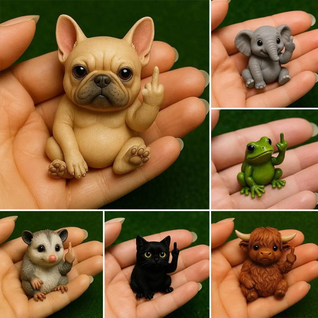 Mini resin animal doll holding up a middle finger, available in cat, dog, elephant, frog, cow, mouse, and turtle styles.